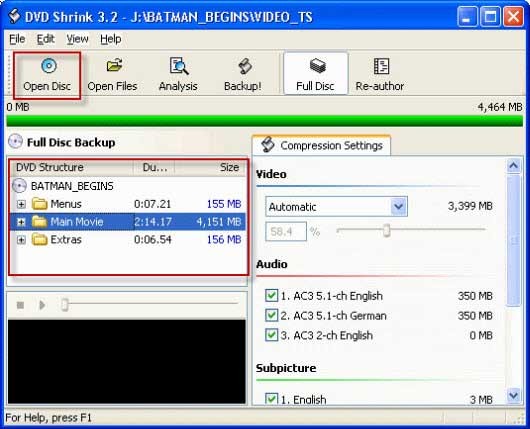 Copy protected DVD with DVD Shrink - open disc